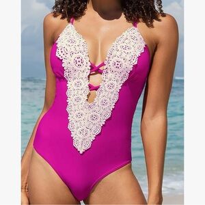 Pink One-Piece Swimsuit with Lace Detail